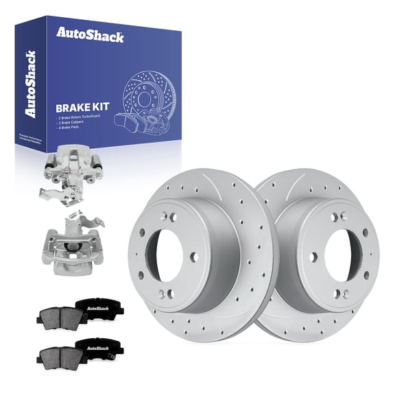 AutoShack Rear Solid Drilled & Slotted Coated Brake Rotors Silver Matte Finish + Premium Ceramic Pads + Calipers 8-PC Brake Kit Replacement for 2017-2019 Kia Soul TurboGuard 10.31" (261.9 mm)