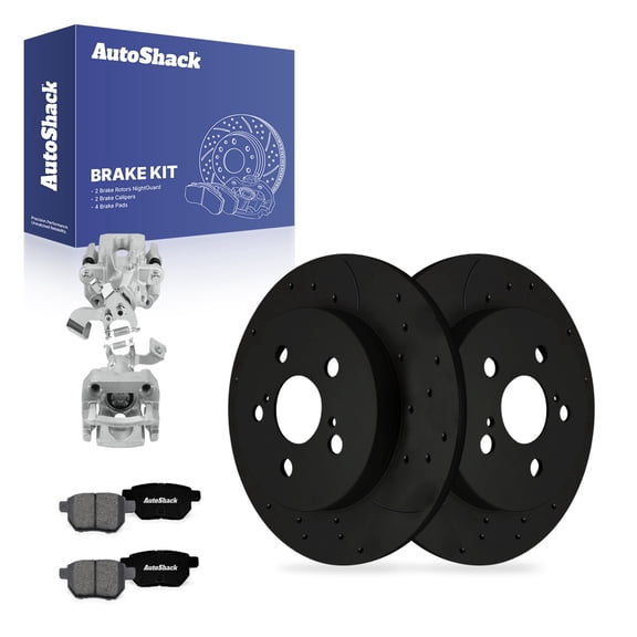 AutoShack Rear Brake Rotors, Premium Pads & Calipers for Toyota, Prius Prime 2017, FWD L4 1.8L - E-Coated Drilled & Slotted - Black Finish - NightGuard - 10.2" (259 mm), 5-Lug