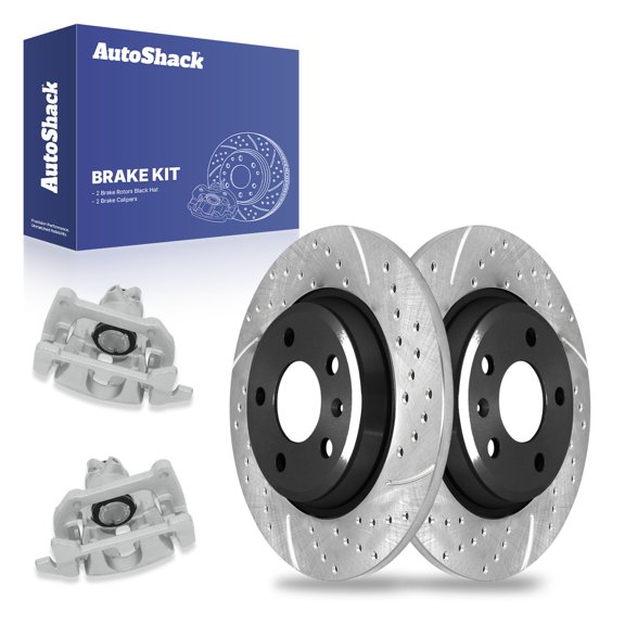 AutoShack 11.81" (299.9 mm) Rear Solid Drilled & Slotted Brake Rotors E-Coated + Calipers | Replacement for 2013-2017 Audi Q5 2013-2016 Audi A4 | 4-PC Brake Kit | ShadowGuard