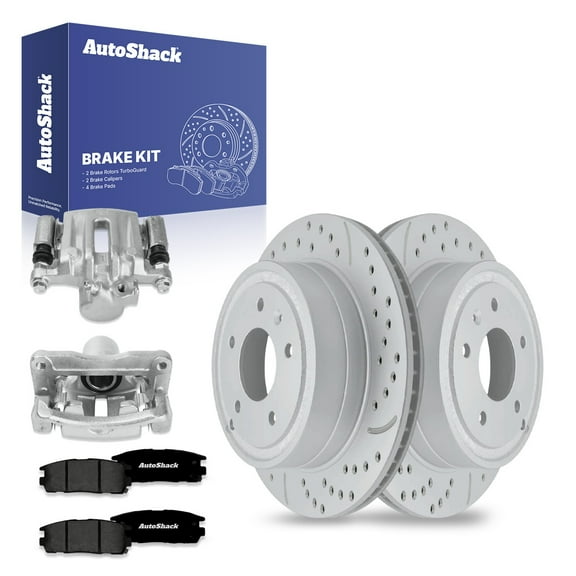AutoShack Rear Vented Drilled & Slotted Coated Brake Rotors Silver Matte Finish + Premium Ceramic Pads + Calipers 8-PC Brake Kit Replacement for 2007-2009 Chevrolet Equinox TurboGuard 11.93" (303 mm)