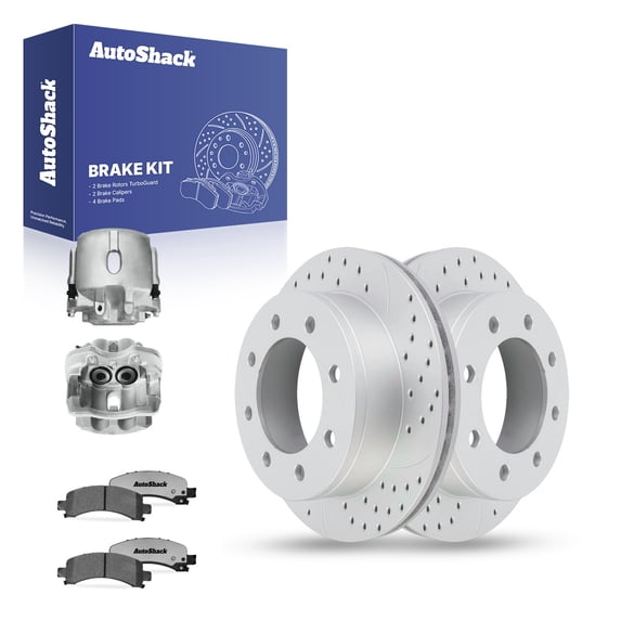 AutoShack Rear Brake Rotors, Ceramic Pads & Calipers for Chevrolet, Express 1500 2003-2005, AWD RWD V6 4.3L - Coated Drilled & Slotted - Silver Matte Finish - TurboGuard - 12.99" (330 mm), 8-Lug