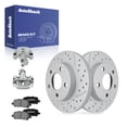 thumbnail image 1 of AutoShack Rear Solid Drilled & Slotted Coated Brake Rotors Silver Matte Finish + Ceramic Pads + Calipers 8-PC Brake Kit Replacement for 2011-2013 Chevrolet Impala TurboGuard 10.63" (269.9 mm), 1 of 5