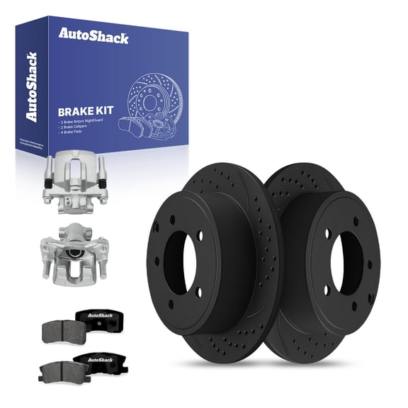 AutoShack Rear Brake Rotors, Premium Pads & Calipers for Mitsubishi, Lancer 2013-2015, 2017, FWD AWD L4 2.0L 2.4L - E-Coated Drilled & Slotted - Black Finish - NightGuard - 11.85" (301.1 mm), 5-Lug