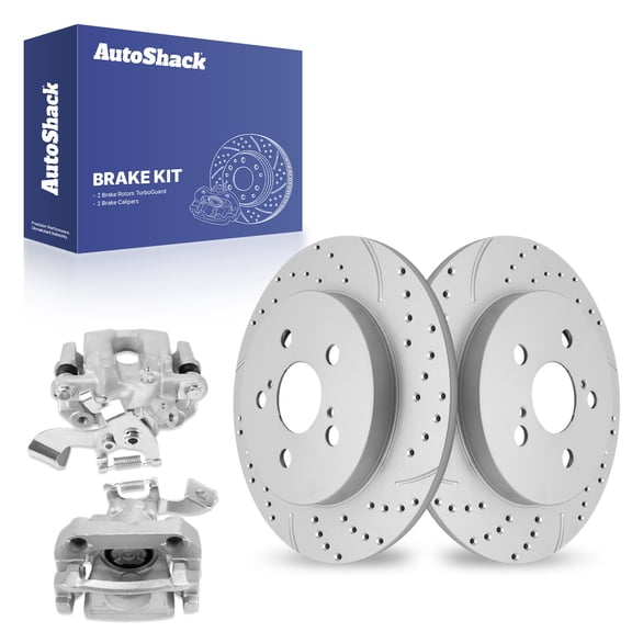 AutoShack Rear Drilled & Slotted Brake Rotors Calipers | Replacement for 2010-2015 Toyota Prius 2012-2015 Prius Plug-In 1.8L FWD | Silver Coated | 4-PC Brake Kit | TurboGuard