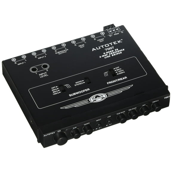 Autotek 7007 Multiple Source Signal Processor Black .5 Inch DIN, 2-Way, 4-Band EQ, 9 Volt Line-Driver, 2 Inputs, 3 Outputs, Master Volume Control, Subwoofer Control, Includes Bass Remote