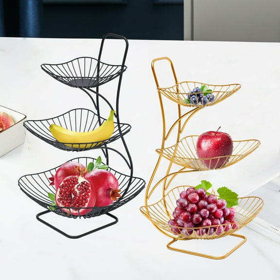 Autrinix 3-Tier Fruit Basket, Metal Fruit Dish Stand, Black/Gold Finish, Space-Saving Design with Wheels, Convenient for Drying Fruits and Storing in Kitchens