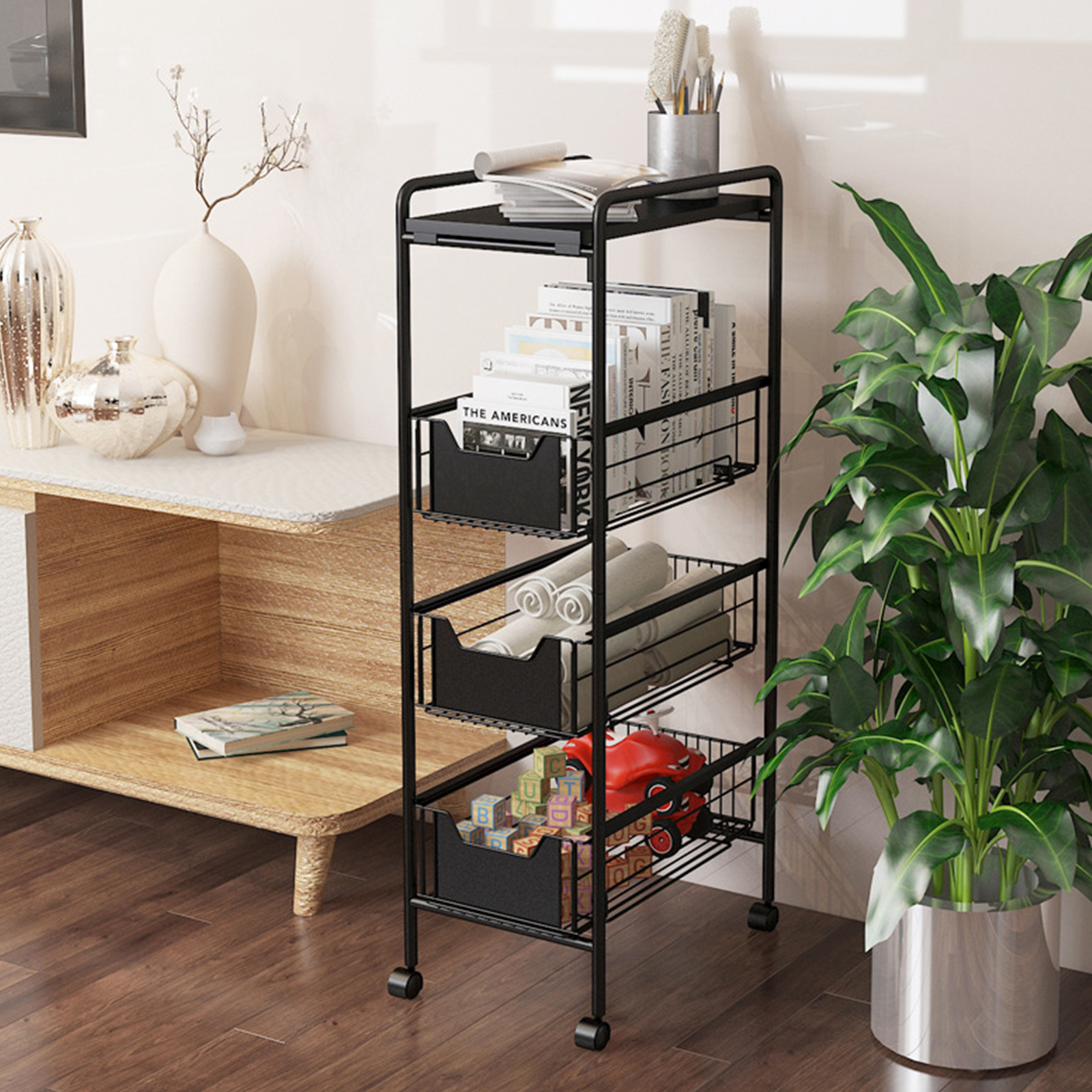 Small Basket Disc Rack Autrinix 4-Tier Storage Rack with Universal Wheels, Black Carbon Steel ...