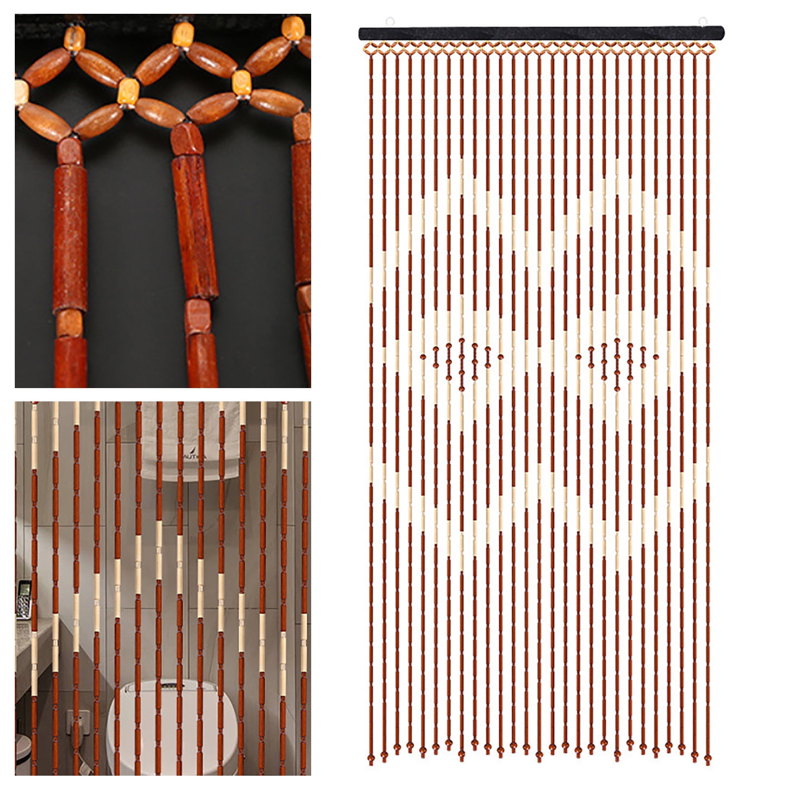 Autrinix Boho Beaded Door Curtains 27 Strands with Bamboo & Wood - Polyester Cotton Room Divider for Home Decoration, Easy Install Gift