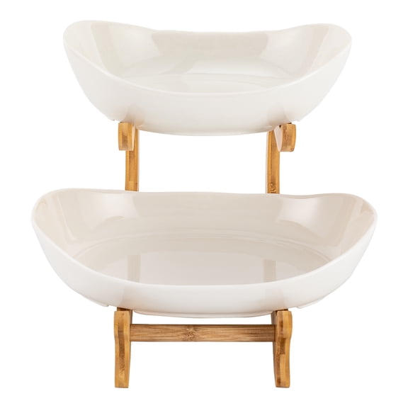 Autrinix Ceramic Fruit Basket with Bamboo Stand, Elegant 2-Tiered Design for Kitchen & Dining, Space-Saving Food Storage