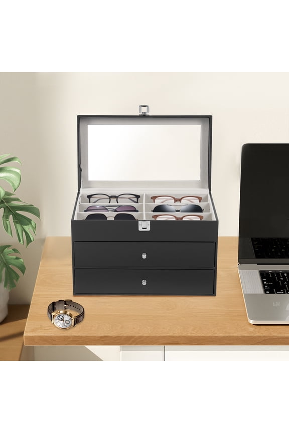 Eyeglass and Watch Storage Box, 24 Compartments for Glasses and Watches, Clear Glass Lid, Drawer Design, Soft Fleece Protection, Stylish Organizer for Home Use