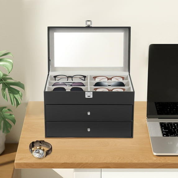 Autrinix Eyeglass and Watch Storage Box, 24 Compartments for Glasses and Watches, Clear Glass Lid, Drawer Design, Soft Fleece Protection, Stylish Organizer for Home Use