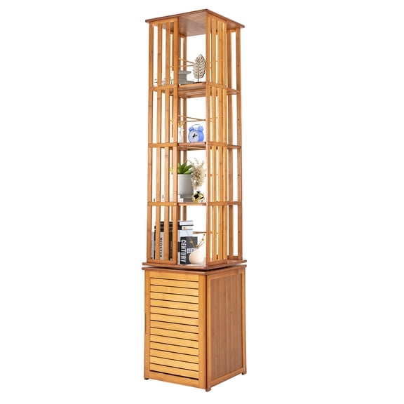 Autrinix Freestanding Bamboo Bookshelf with 360 Rotation, 6 Tier Bookcase with Hidden Storage, Small Footprint Organizer for Bedroom, Office, Compact Corner Shelf