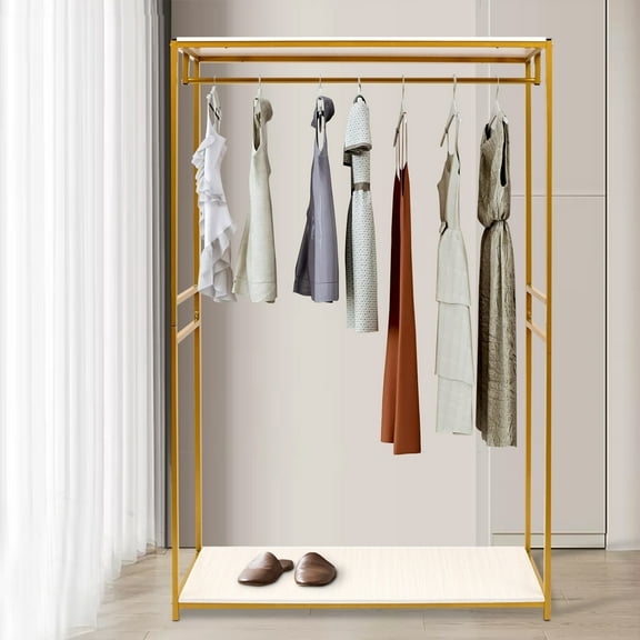 Autrinix Freestanding Clothing Display Rack, Gold Iron Frame with Wooden Storage Shelf, Stylish Boutique Display Rack, Adjustable Height, Perfect for Clothes, Dresses, and Fashion Shows