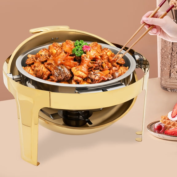 Autrinix Gold Chafing Dish for Buffet, 6L Stainless Steel Round Food Warmer with Clear Lid & T-Shaped Handle, 90°/180° Lid Opening, Elegant Tabletop Serving Dish