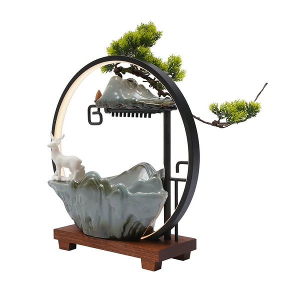 Autrinix Indoor Water Fountain with LED Light and Mist, Decorative Tabletop Waterfall with Deer, Ceramic, Iron & Wood Base, Perfect for Stress Relief and Relaxation