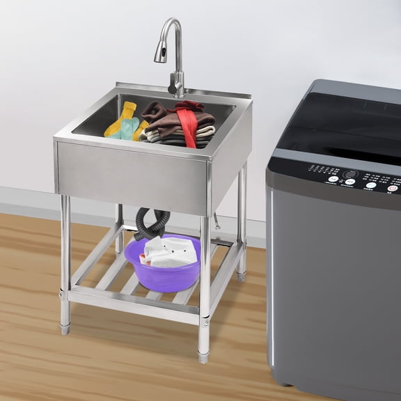 Autrinix Large Commercial Sink with Adjustable Faucet, Retractable Water Flow, Stainless Steel Design, and Space-Saving Bottom Shelf for Kitchens and Restaurants