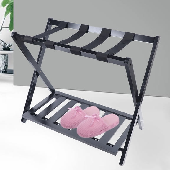 Autrinix Luggage Rack with Bamboo Frame  Folding Suitcase Stand for Bedroom, Sturdy Nylon Straps, Easy to Assemble and Clean, Moisture-Proof, Stylish Black Modern Design for Home or Hotel
