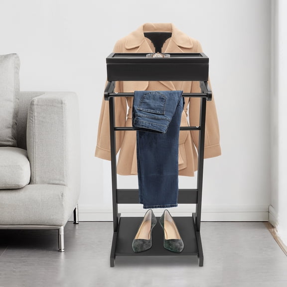Autrinix Modern Black Clothes Stand, Suit Rack with Drawer, Hanging Rod & Shoe Storage, Compact Organizer for Home, Office, or Entryway, Space-Saving Design