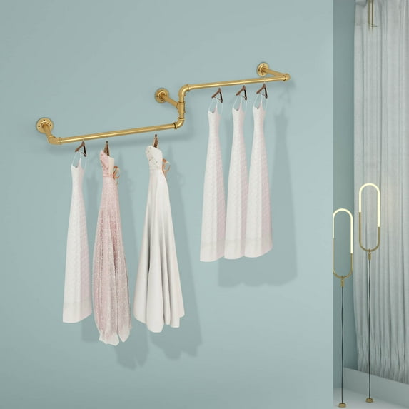 Autrinix Modern Clothes Display Rack, Gold Wall-Mounted Garment Rack for Bedroom & Store, Adjustable Height, Sturdy Metal Construction for Coats, Dresses & Scarves