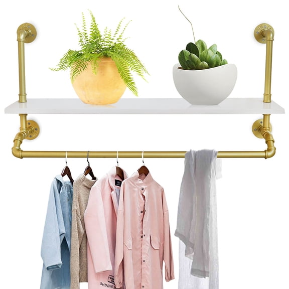 Autrinix Modern Clothes Rack with Storage Platform, Stylish Golden & White Finish, Hanging Garment Rack for Bedroom, Hallway, Laundry Room, and More