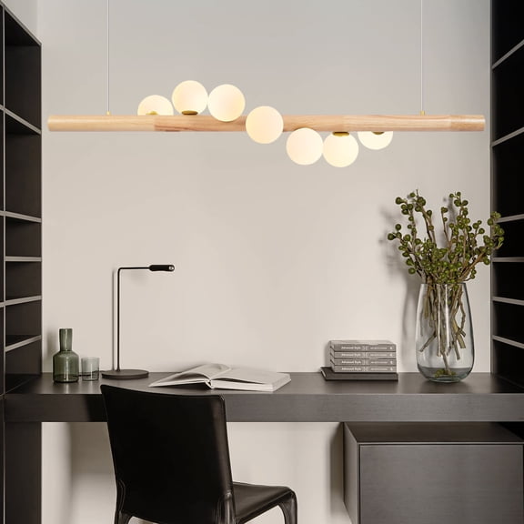 Autrinix Modern Pendant Light, 7-Bulb Wooden Hanging Fixture with Adjustable Height, Open Design Warm Light for Kitchen Island & Entryway