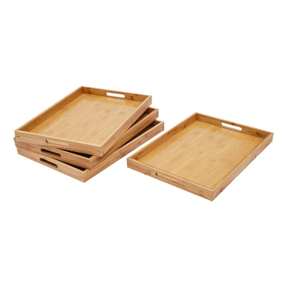 Autrinix Rectangular Bamboo Serving Tray, Eco-Friendly Wood Construction, Multipurpose Set of 4 Trays for Food, Drinks, and Storage