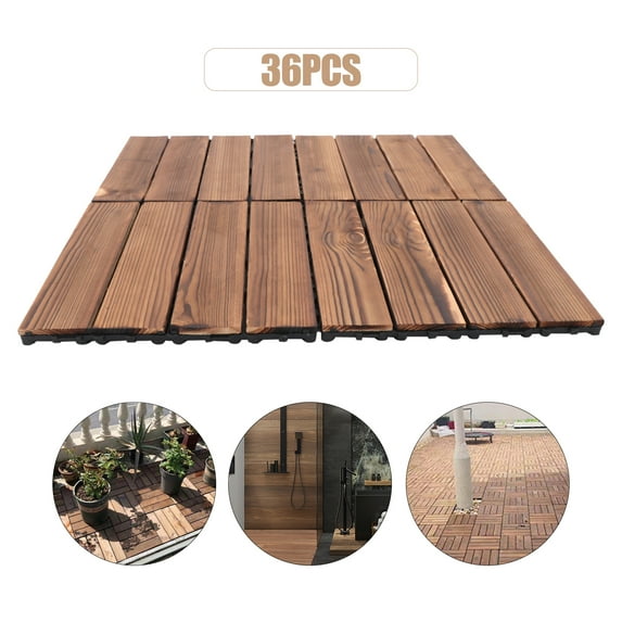 Autrinix Snap-Together Deck Tiles 12x12 Inches, Non-Slip Outdoor Flooring with Water Drainage System, Carbonized Wood Surface