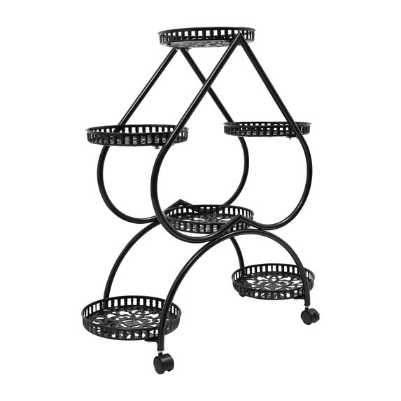Autrinix Staggered Flower Pot Stand, Heart-Shaped 4-Tier Metal Plant Rack, Black Design with 6 Trays, Rolling, Lockable Wheels, Ideal for Home & Garden Display