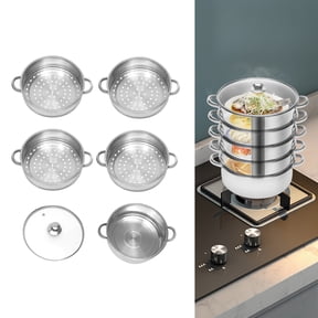 Autrinix Stainless Steel Idli Steamer Pot 10-Inch with 3-Layer Bottom & Glass Lid, 4 Removable Steam Grids for Dumplings, Seafood, Vegetables