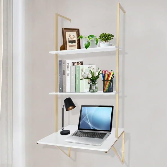 Autrinix Wall-Mounted Desk with Shelves, Minimalist White Desk with Gold Accents, Three-Tier Floating Desk for Home Office or Bedroom