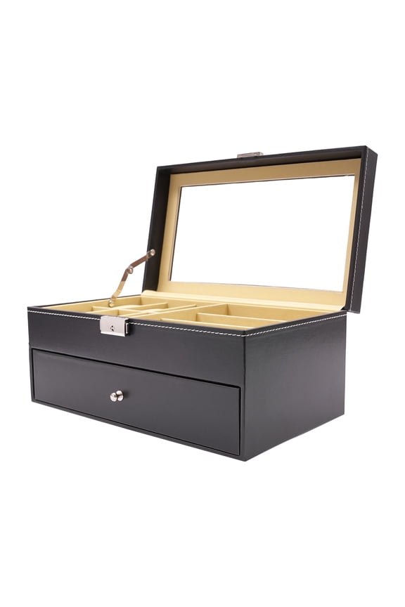 Watch & Eyeglasses Storage Box, 6 Watch Compartments, 9 Eyewear Slots, Retro Style, Flocking Fabric Lining, Secure Lock for Watches and Glasses