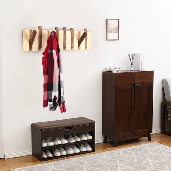 Autrinix Wooden Coat Rack Wall-Mounted – 8 Hook Pine Wood Storage Hanger, Space-Saving Design with Magnetic Retractable Hooks for Entryway & Hallway Organization