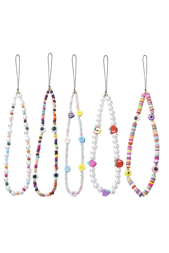 Phone Lanyard Faux Pearl Acrylic Beads Bracelet Charms, 10-12 inches, 5 Pieces