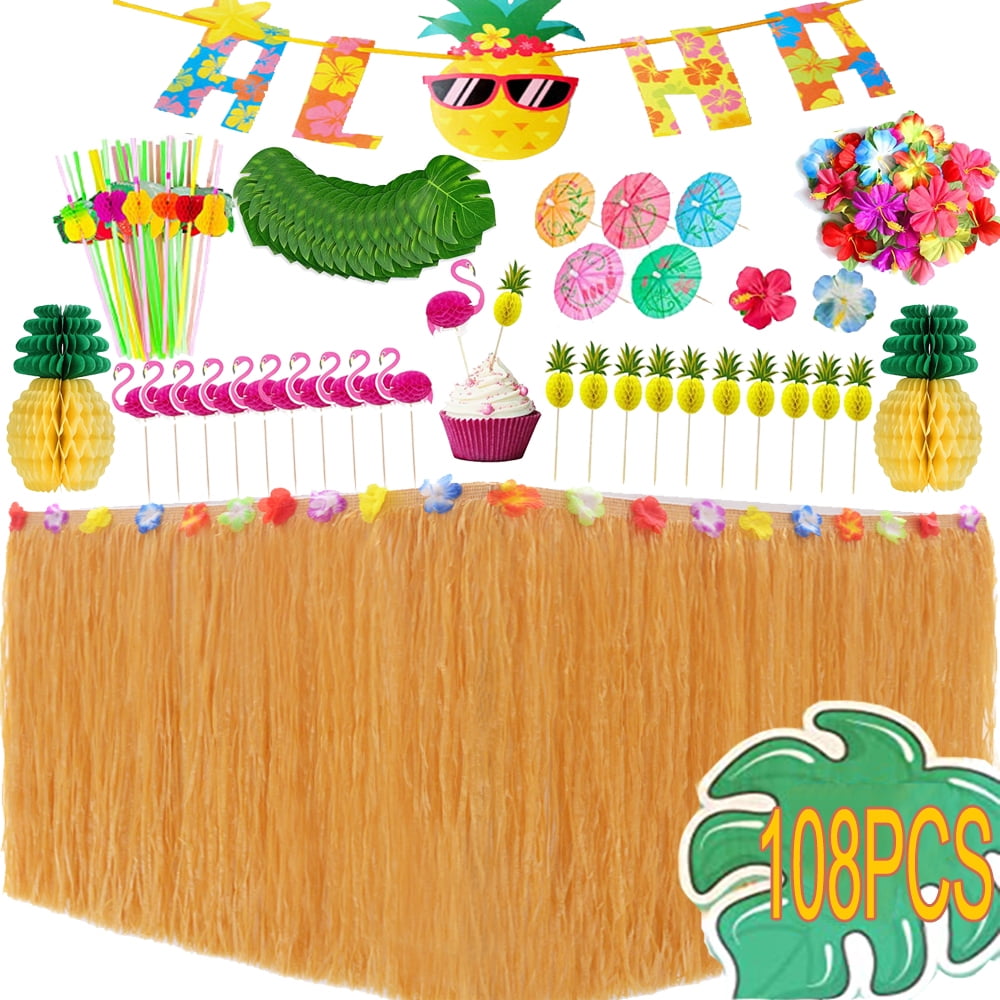 Autrucker Tropical Luau Party Decoration Pack Hawaiian Beach Theme Party  Favors Luau Party Supplies Including Banner, Table Skirt, Straws, Flamingo,  Pineapple 108PCS 