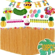 Autrucker Tropical Luau Party Decoration Pack Hawaiian Beach Theme Party Favors Luau Party Supplies Including Banner, Table Skirt, Straws, Flamingo, Pineapple 108PCS