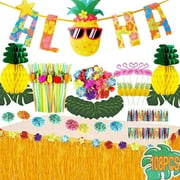 Autrucker Tropical Party Decoration Hawaii Luau Grass Table Skirt, Hibiscus Flowers, Palm Leaves, Paper Pineapple 3D Fruit Straws Luau Party Supplies 108PCS