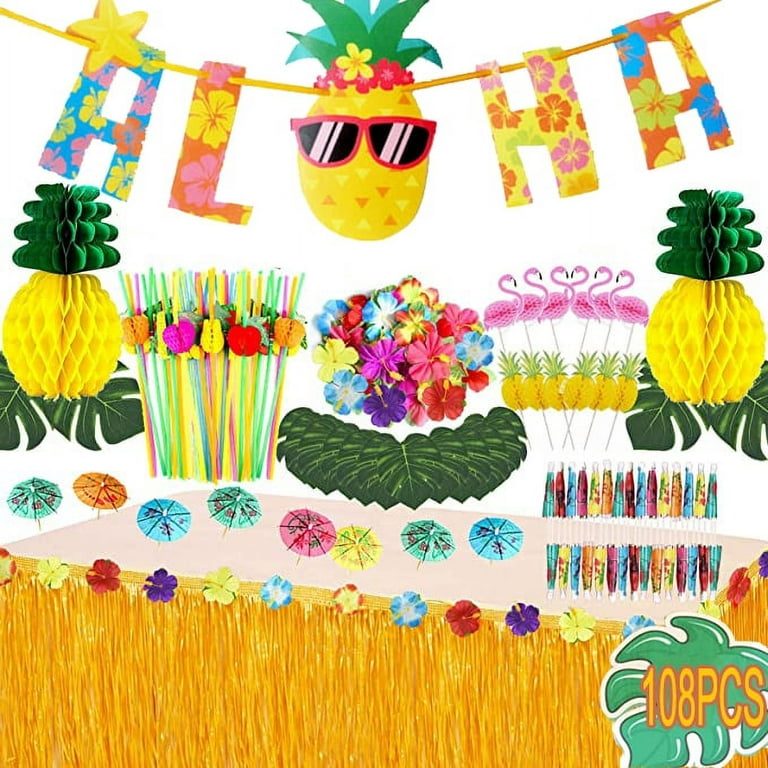 Autrucker Tropical Party Decoration Hawaii Luau Grass Table Skirt, Hibiscus  Flowers, Palm Leaves, Paper Pineapple 3D Fruit Straws Luau Party Supplies
