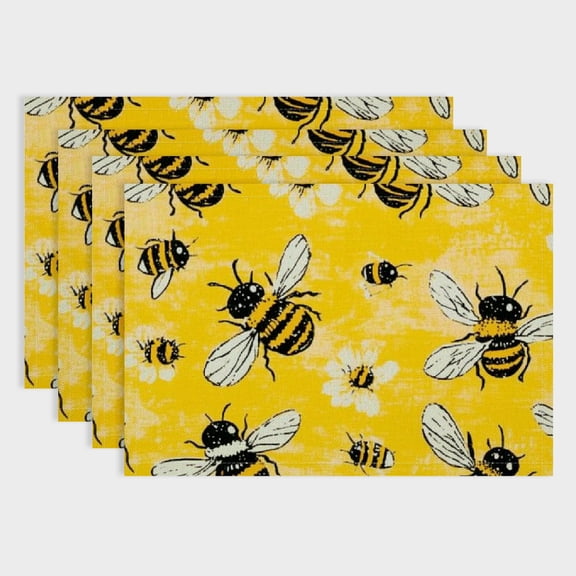 Autua 4Pcs Bee Pattern Linen Placemats for Parties and Home Decor 18x12in