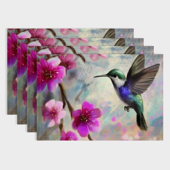 Autua 4Pcs Hummingbird Flowered Branch Linen Table Placemats 18x12in