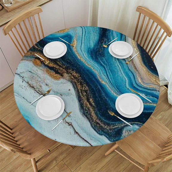 Autua Abstract Painting Blue Gold Round Tablecloth Stain-Resistant 100% Polyester 42"-46