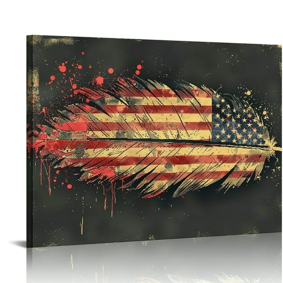 Autua American Flag Feather Digital Art Canvas Wall Art Home Decor 20x16in