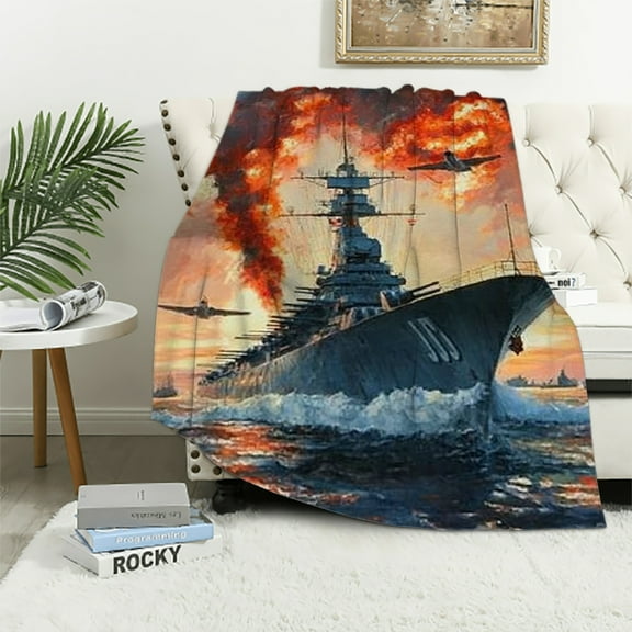 Autua Battleship Warship Flannel Throw Blanket, Soft Cozy Warm Fleece Nautical Ocean Fire Sea Blanket for Couch Sofa Bed 40x50in