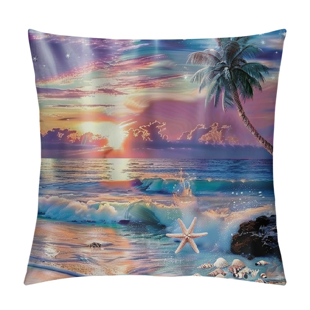 Autua Beach Palm Tree Sunset Starfish Shells Graphic Decorative Cushion