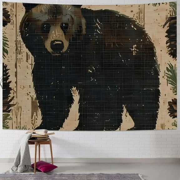 Autua Bear Pine Cones Berries Folk Art Tapestry Wall Hanging Unique Style Home Wall Decor Art Living Room Bedroom Apartment Farmhouse Dorm 60x50inch