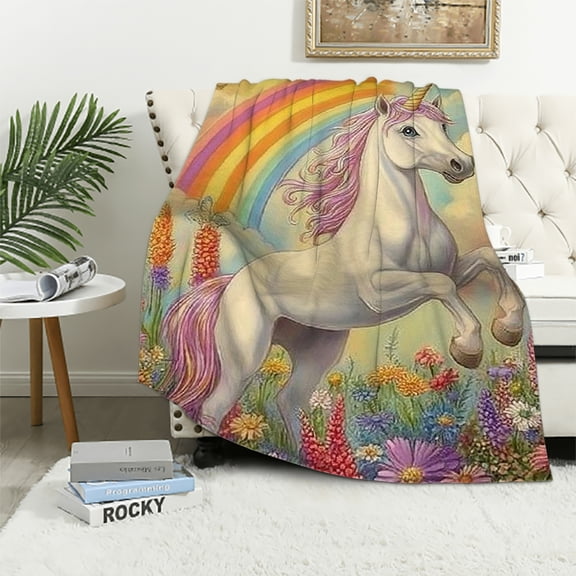 Autua Beautiful Unicorn & Flowers Blanket, Soft Fuzzy Lightweight Flannel Throw Blanket for Couch, Bed, Travel, Rainbow Design, Warm Cozy Decor Blankets for Women Girls 60x80in