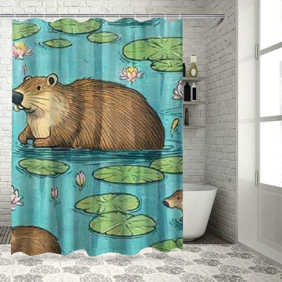 Autua Beaver Lily Pads Pond Bathroom Shower Curtain Set with Hooks 36"x72