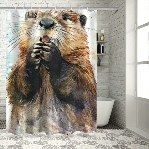 Autua Beaver Watercolor Furry Bathroom Shower Curtain Set with Hooks 36"x72