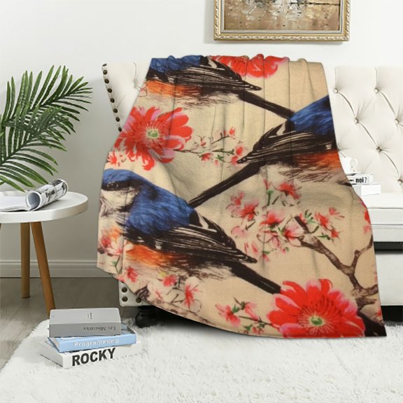 Autua Birds Flowers Silk Screen Warm Lightweight Blanket Soft Fleece Blankets Throw Blanket Living Rooms Sofa Decor Cow Gifts All Seasons Soft Plush Blankets 50x60in
