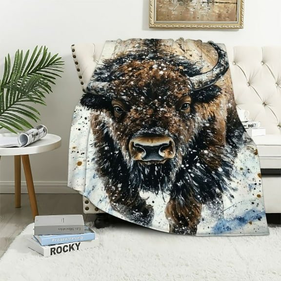 Autua Bison Snow Painting Warm Lightweight Blanket Soft Fleece Blankets All Seasons Excellent Hand Feel for Living Rooms Sofa Decor Cow Gifts 60x80in