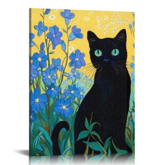 Autua Black Cat Blue Flowers Canvas Wall Decor for Home Office 16x20 in